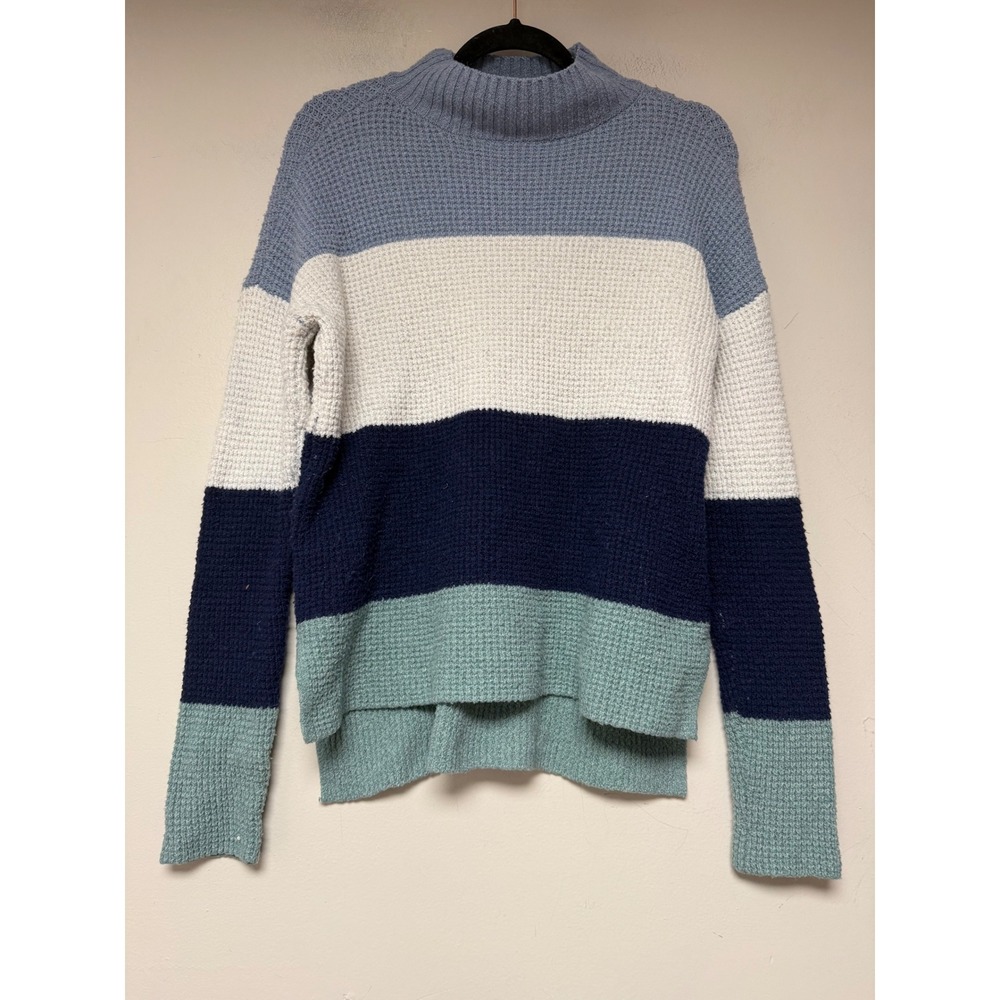 SO Waffle Knit Colorblock Mock Neck Sweater Blue Green Cream Small 8199